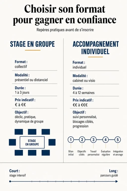 Stage confiance en soi : comparaison visuelle des formats de stage, durée, modalité et objectif