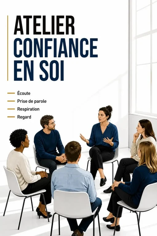 Stage confiance en soi en petit groupe dans une salle d’atelier bienveillante