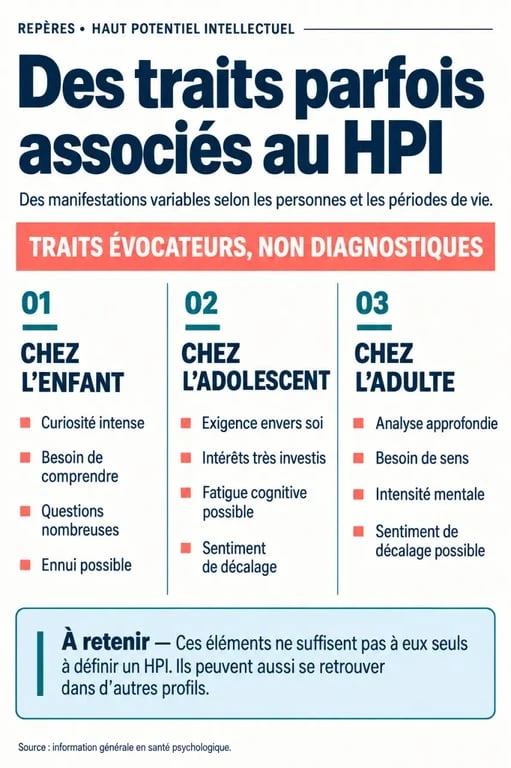 Infographie sur les symptômes HPI et les caractéristiques observables selon l’âge