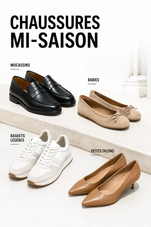 Chaussures mi saison femme présentées en sélection éditoriale avec mocassins, ballerines, baskets légères et escarpins à petit talon