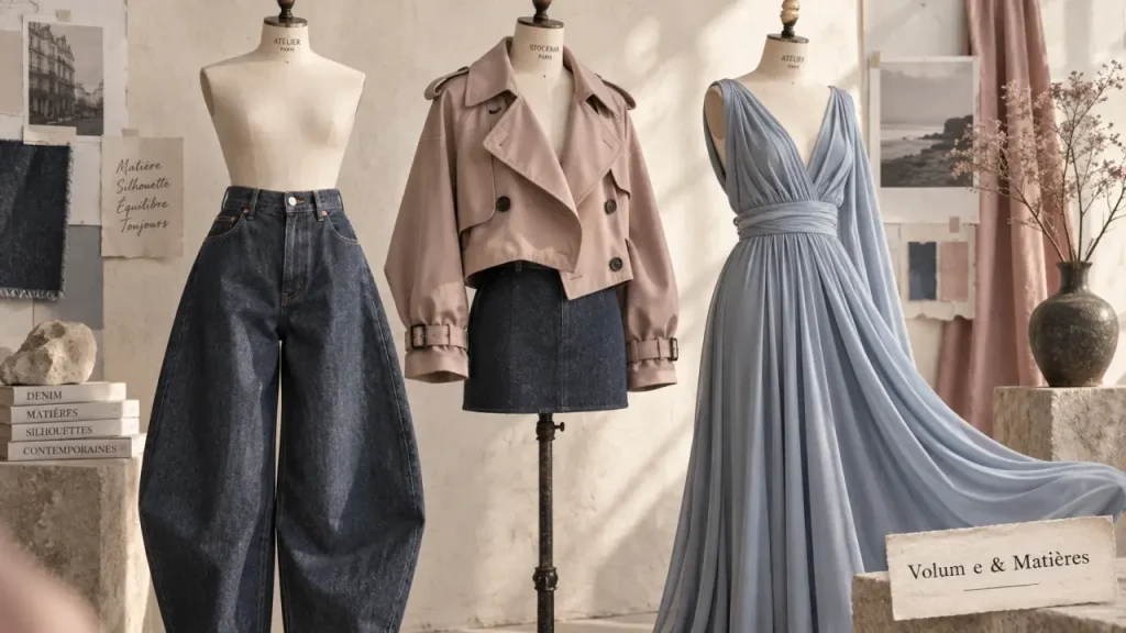 La mode actuelle femme privilégie les volumes souples, le bleu pastel et les vestes courtes