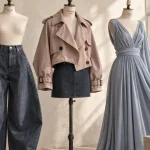 Mode actuelle femme : volumes souples bleu pastel, vestes courtes