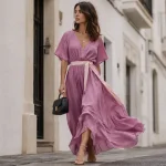 Robe longues femme ete fluide mauve rosé en ville