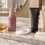 Routine beauté coréenne : produits de layering sur table, soins visage matin