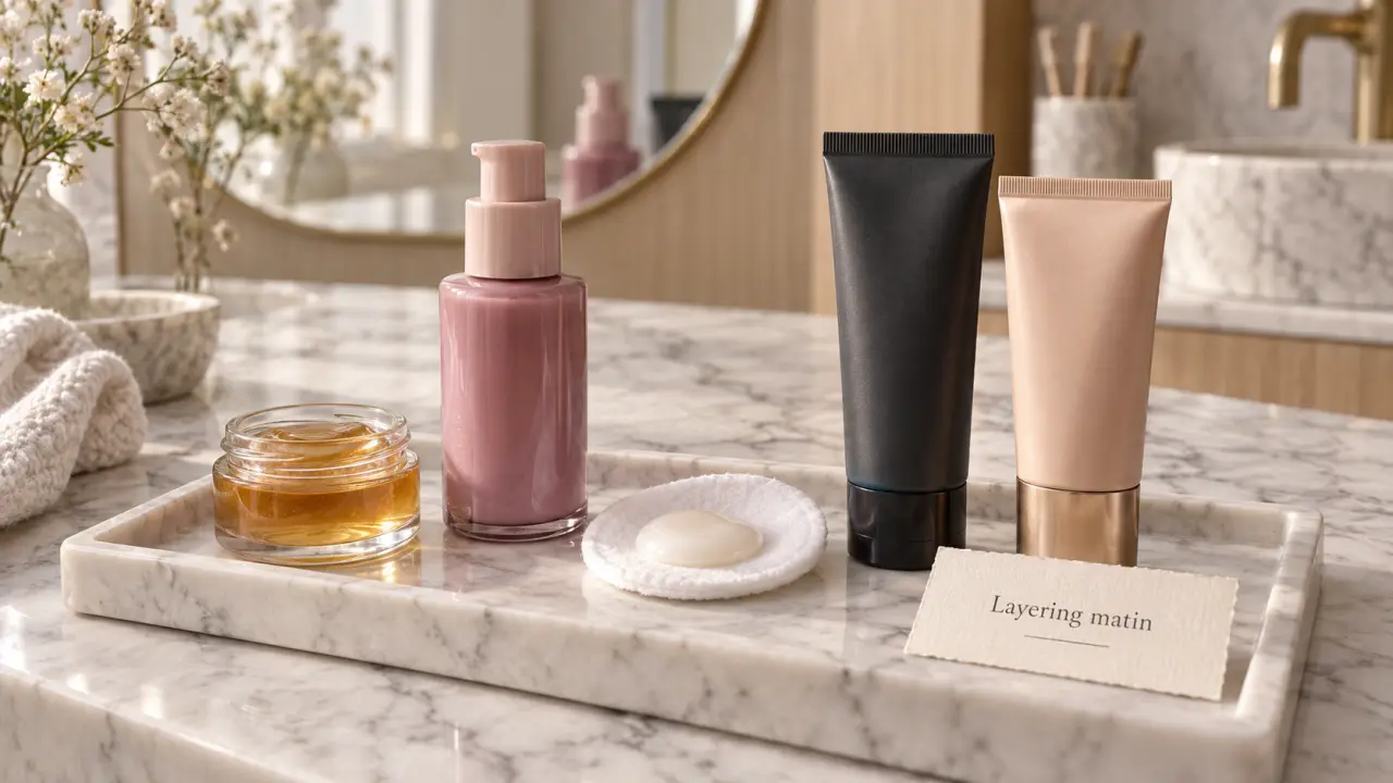 Routine beauté coréenne : produits de layering sur table, soins visage matin