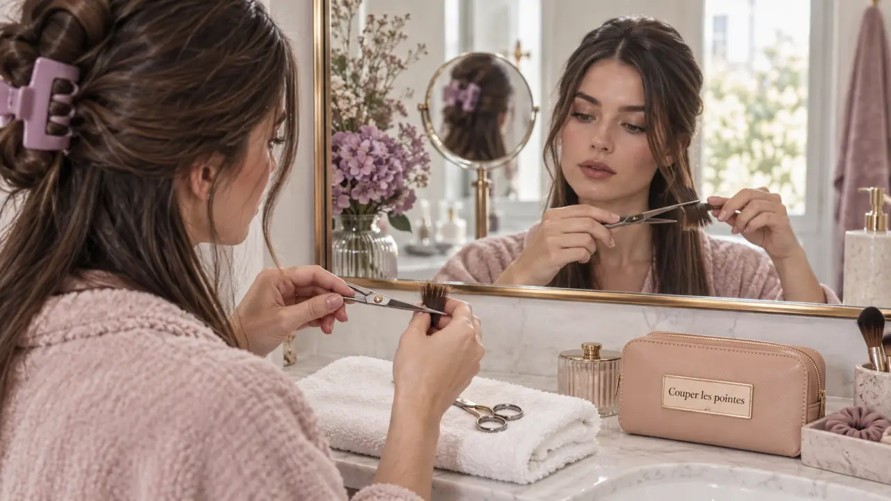 Se couper les cheveux soi meme : ciseaux et préparation pour couper les pointes devant un miroir