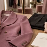 Vetement marque femme : main attache boutons sur veste mauve
