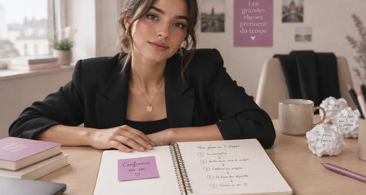 Coach pour la confiance en soi : femme au bureau, plan d’étapes, passage à l’action