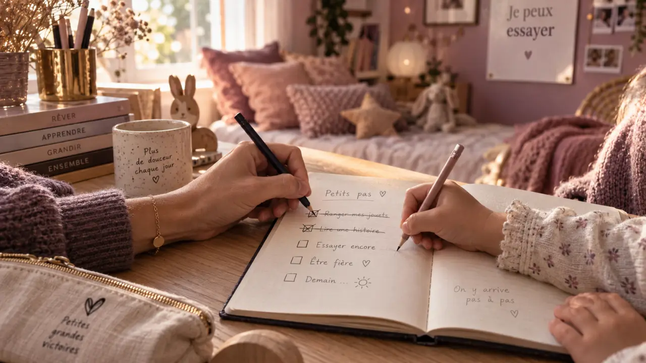 Confiance en soi enfant : petites réussites, main adulte et enfant