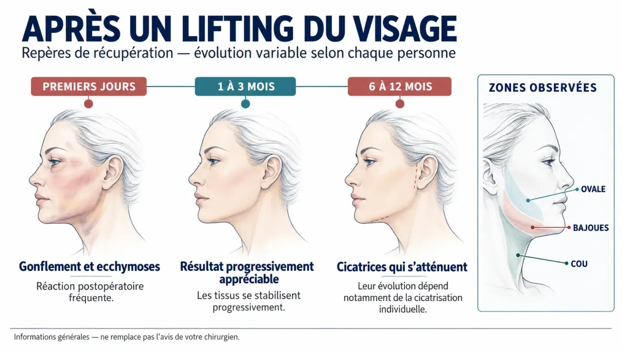 Lifting visage avant après : évolution du gonflement, du résultat et des cicatrices sur 12 mois