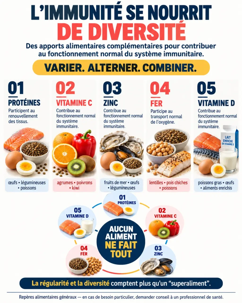 Infographie sur le renforcement du systeme immunitaire par une alimentation variée et les principaux nutriments