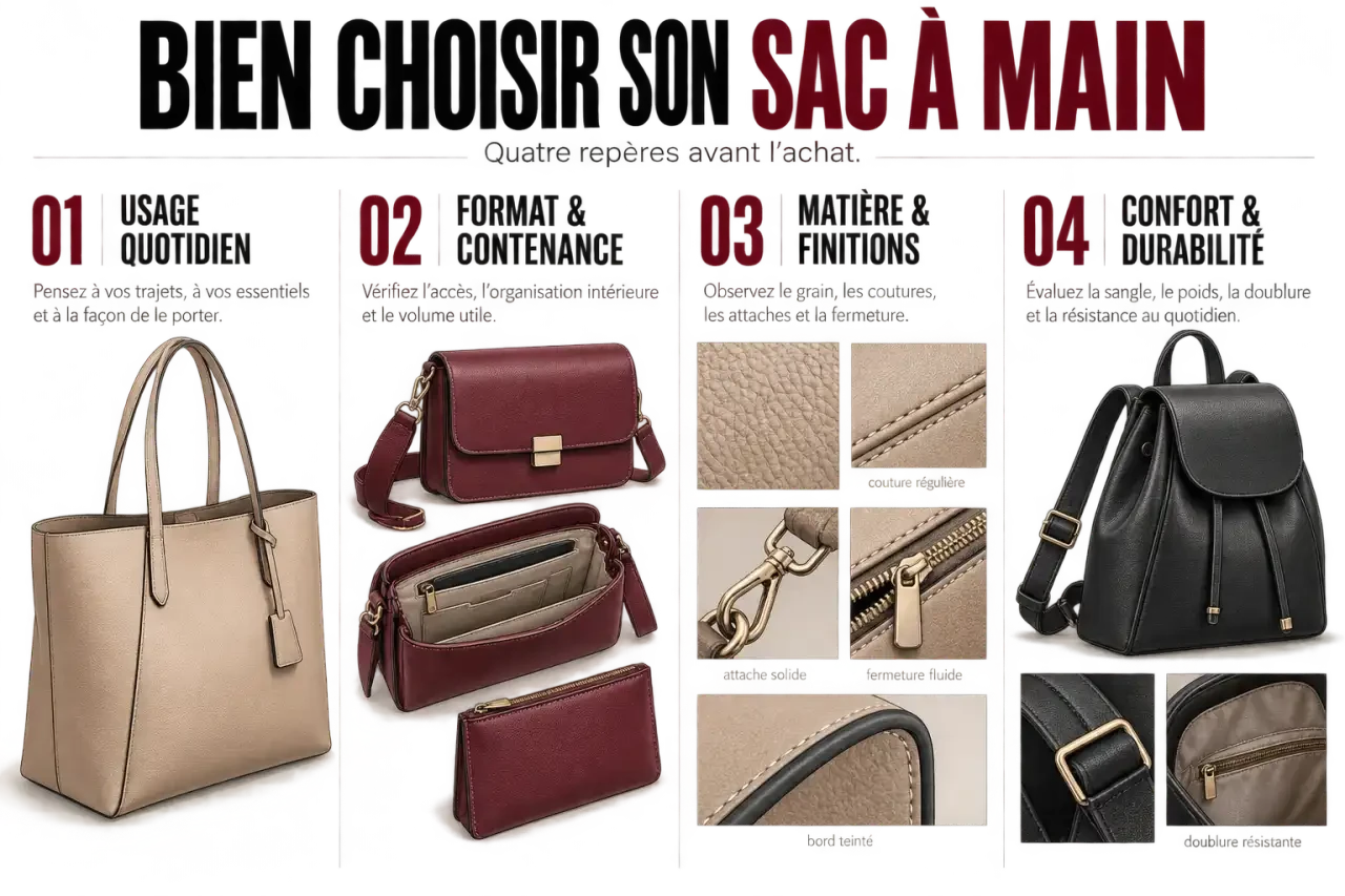 Infographie pour choisir un sac a main marque selon l’usage, le format, la matière et les finitions