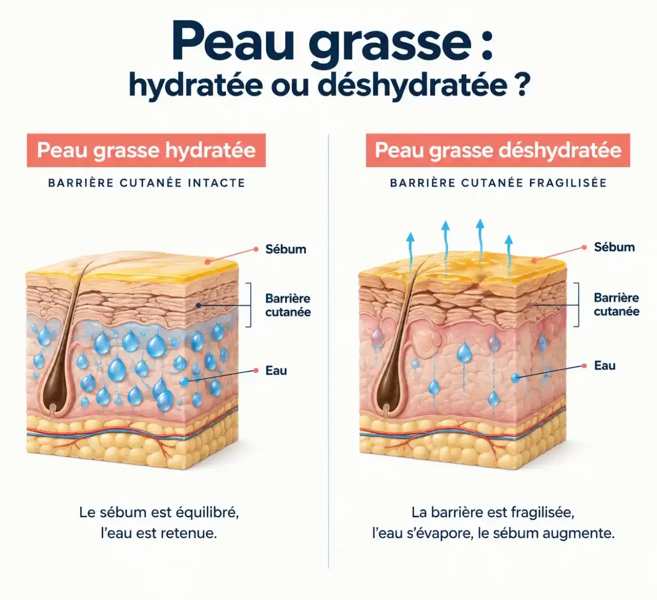 Schéma expliquant pourquoi une crème de nuit pour peau grasse est utile : peau grasse hydratée versus peau grasse déshydratée