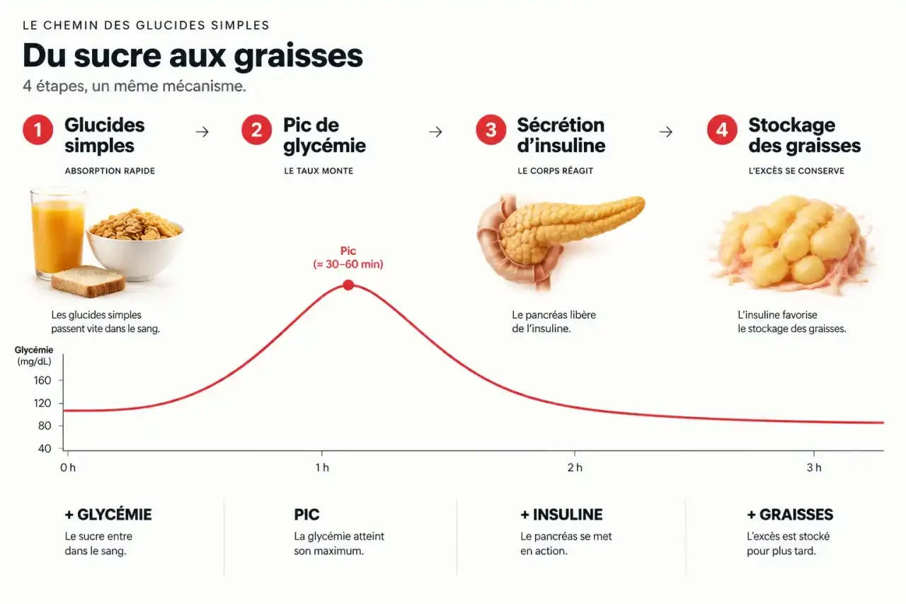 Schéma expliquant comment faire baisser la glycémie pour la perte de poids : du pic de glucose à la sécrétion d'insuline et au stockage des graisses