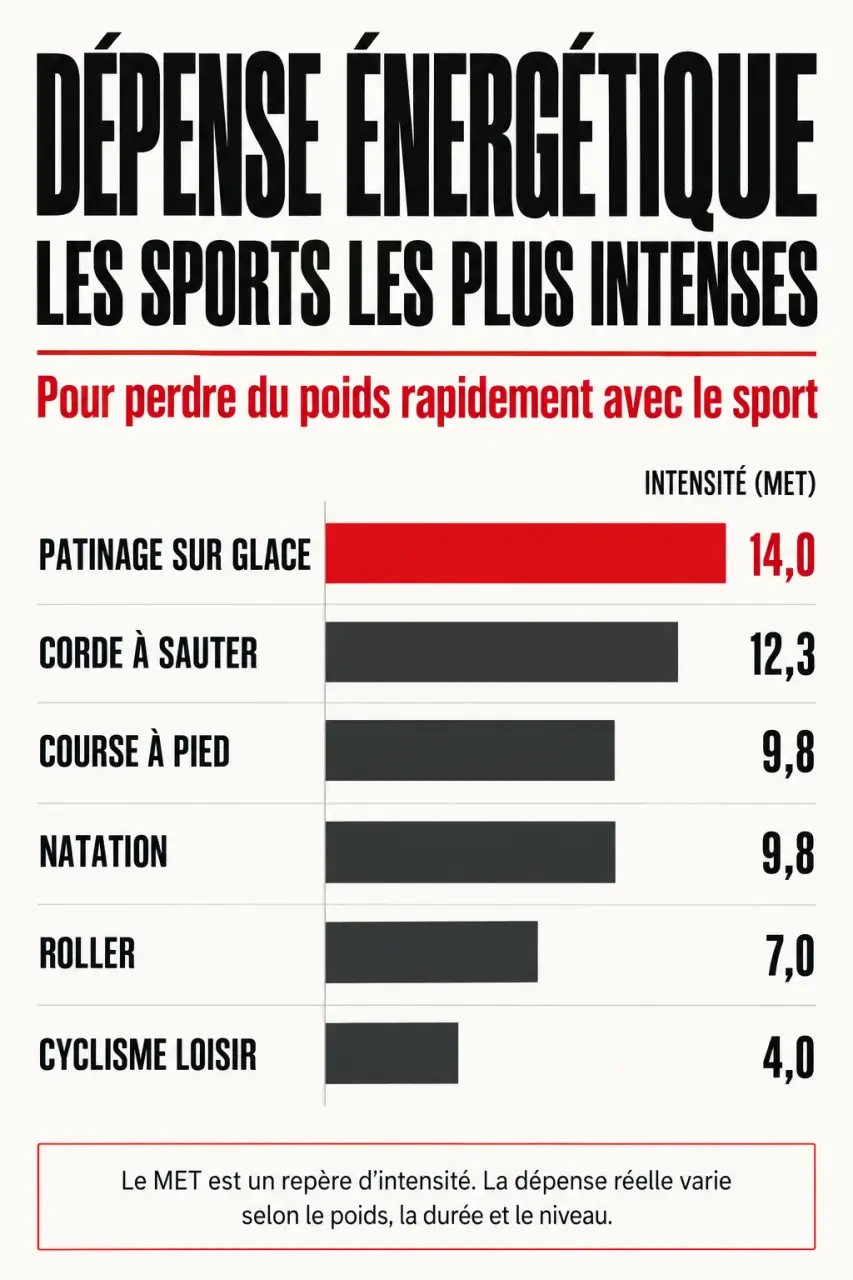Infographie pour perdre poids rapidement avec le sport comparant la dépense énergétique des activités selon leur valeur MET