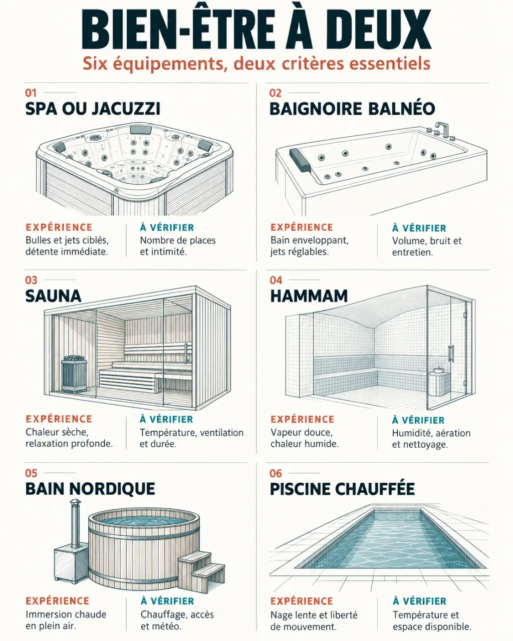 Infographie des équipements à comparer pour des idées de parenthèse bien-être à deux
