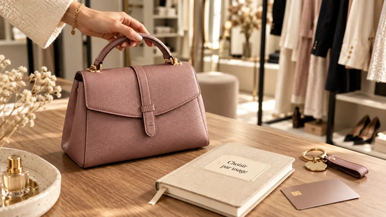 Sac a main marque mauve rosé, finitions cuir et logo